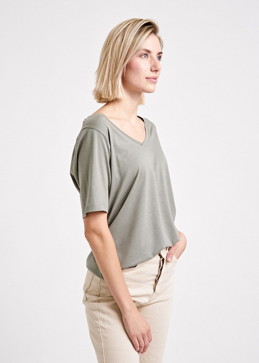 Damen wijld T-Shirts | Damen Woodshirt V-Ausschnitt Loose Longer Agave