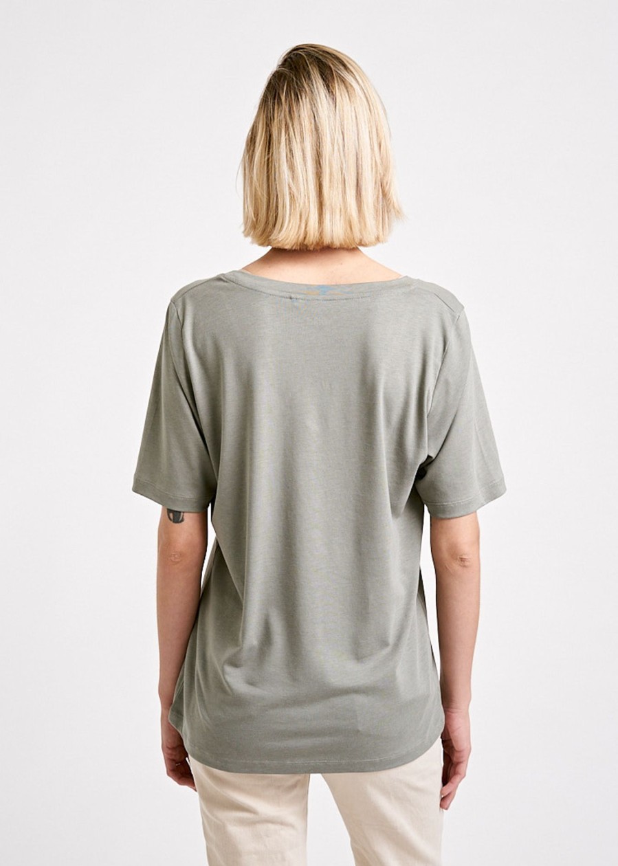 Damen wijld T-Shirts | Damen Woodshirt V-Ausschnitt Loose Longer Agave