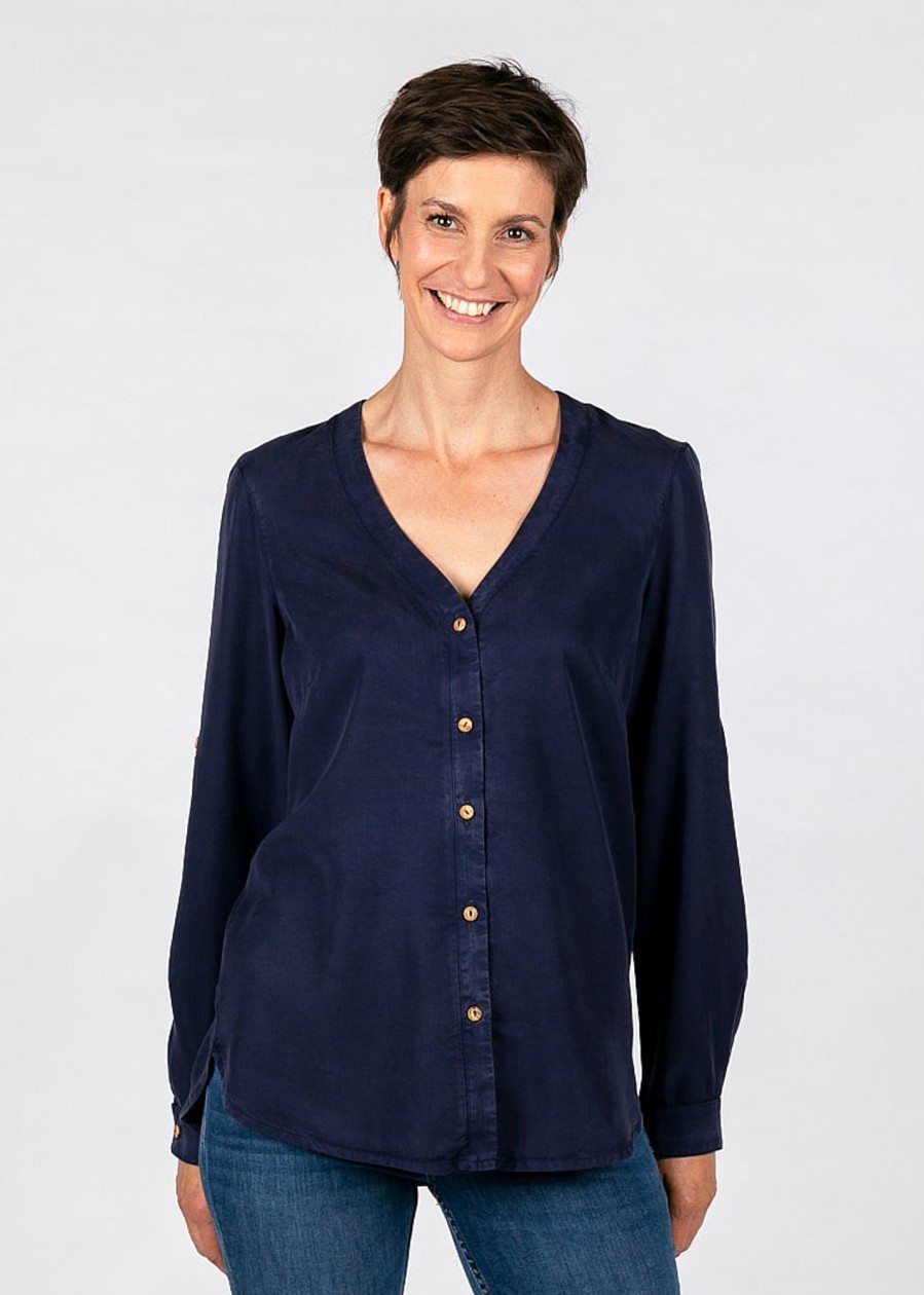 Damen wijld Blusen | Damen Bluse Mit V-Ausschnitt Maritim Blue