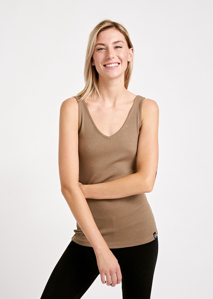 Damen wijld Tops | Damen Ripp Tank Top V-Ausschnittshiitake