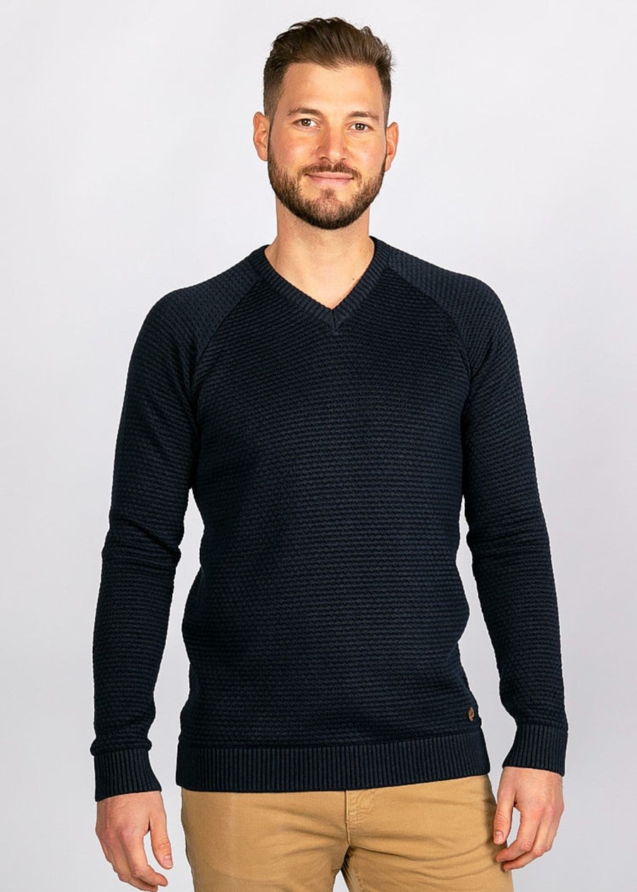 Herren wijld Pullover | Herren V-Ausschnitt Strickpullover Indigo Blue