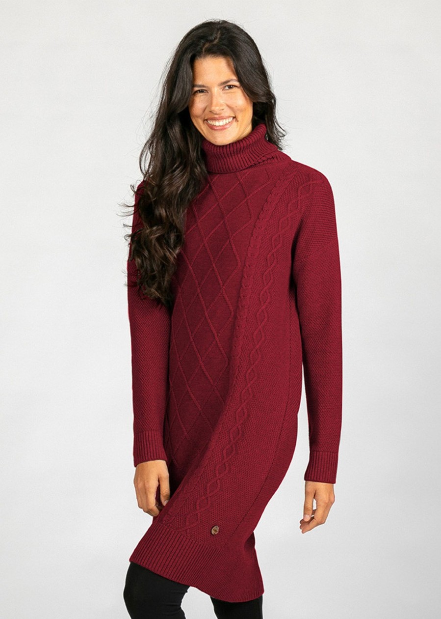 Damen wijld Kleider | Damen Zopfmuster Strickkleid Merlot