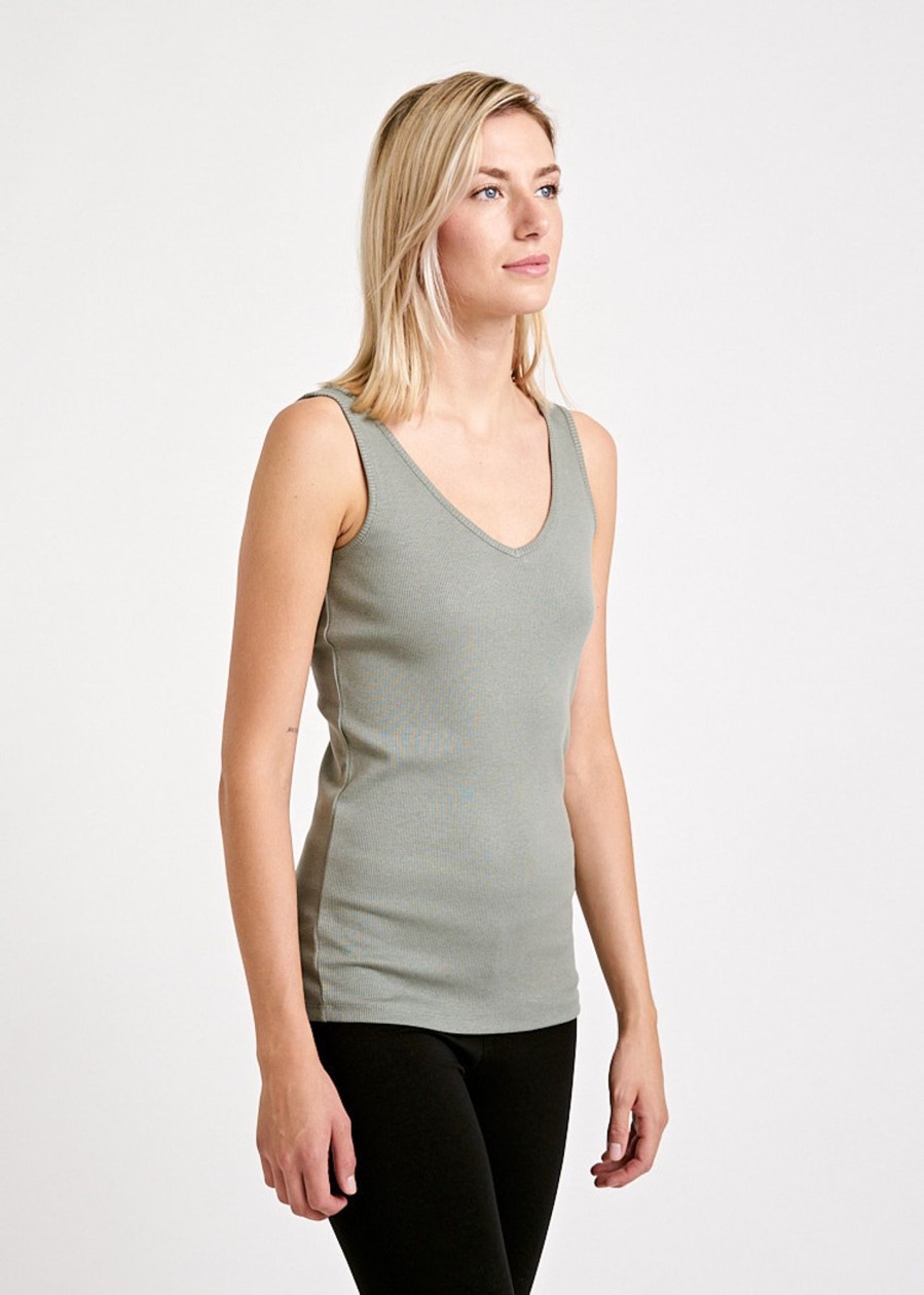 Damen wijld Tops | Damen Ripp Tank Top V-Ausschnittagave Green